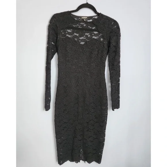 ⭕️ PRICE FIRM Express Size XS Black Lace Floral Midi Dress - Picture 4 of 12